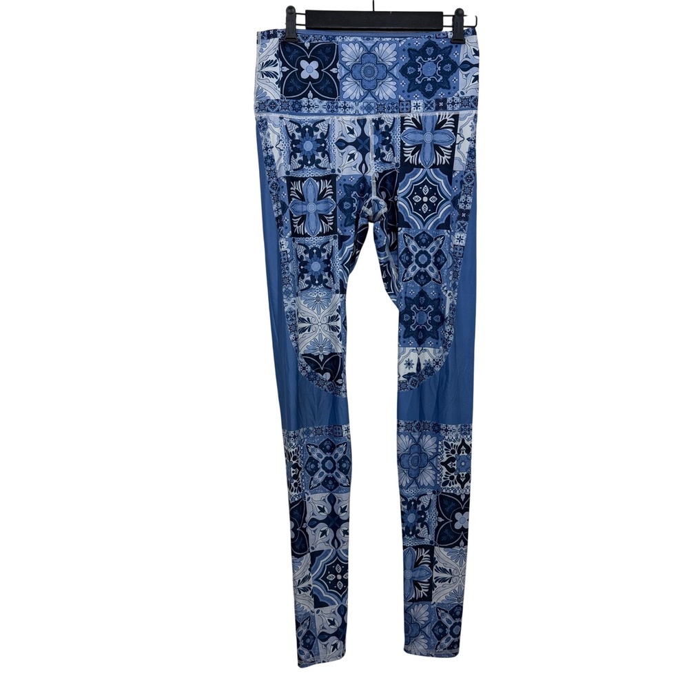 Yoga Democracy Leggings Womens Large Tall Blue Mosaic Tile Floral High Rise